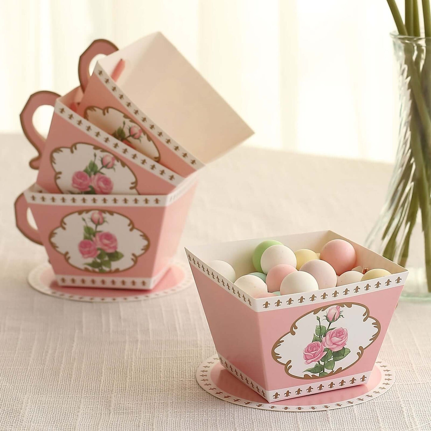25 Pack Dusty Rose Mini Teacup and Saucer Party Favor Boxes with Rose Floral Print, Tea Time Candy Boxes - 4"x3"