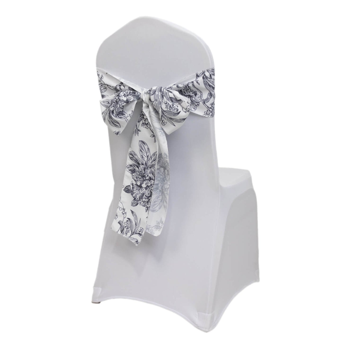 Polyester Chair Sashes White Black French Toile Floral Design - Wrinkle-Resistant & Durable Chair Bows 6"x108"