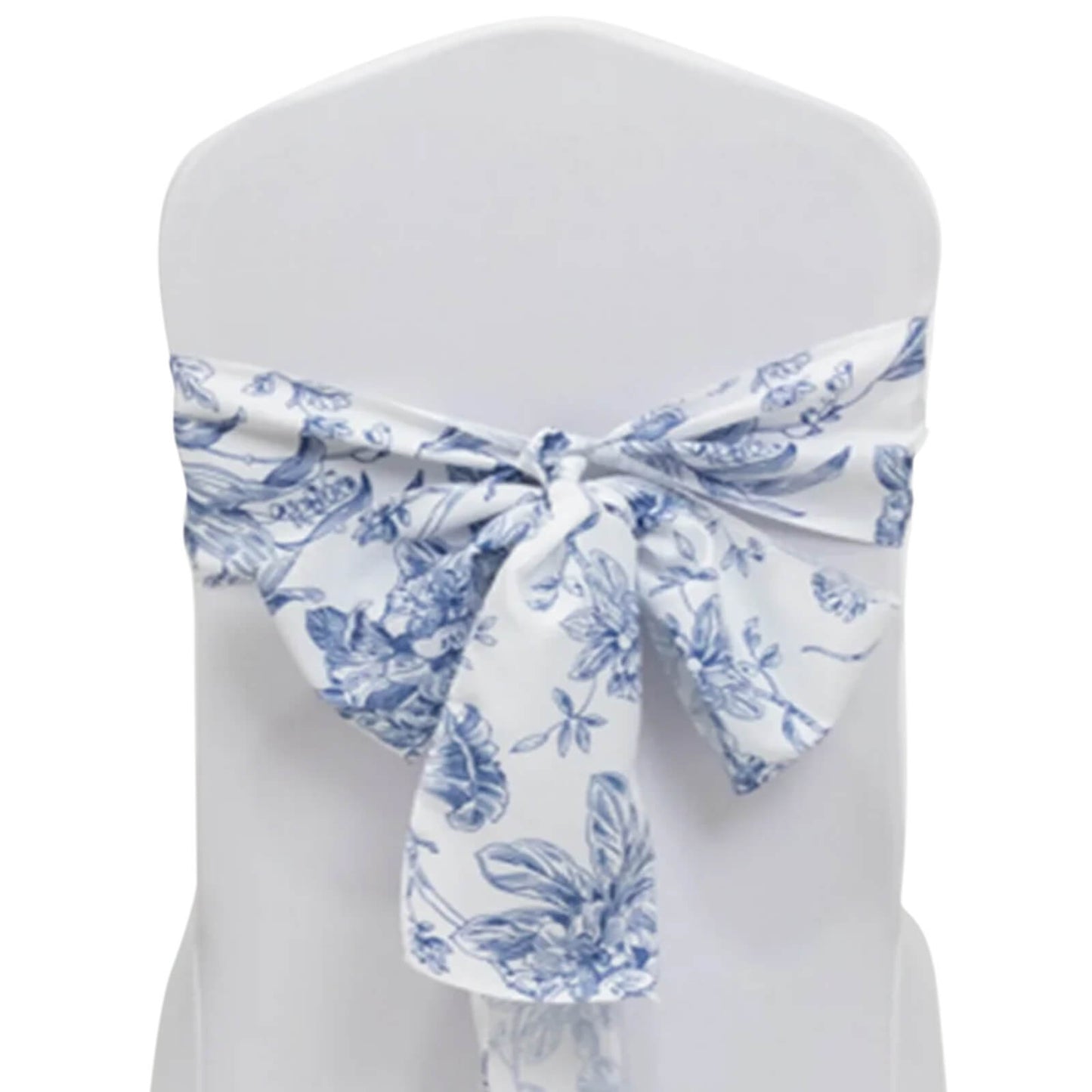 Polyester Chair Sashes White/Blue French Toile Floral Design - Wrinkle-Resistant & Durable Chair Bows for Exquisite Weddings & Banquets 6"x108"