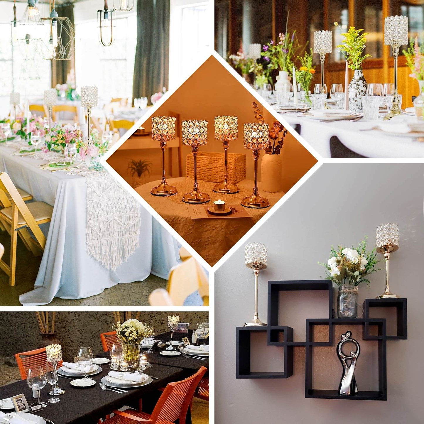 Set of 3 Crystal Beaded Goblet Votive Candle Holder Stands Gold - Tea Light Centerpiece 18", 16", 14"