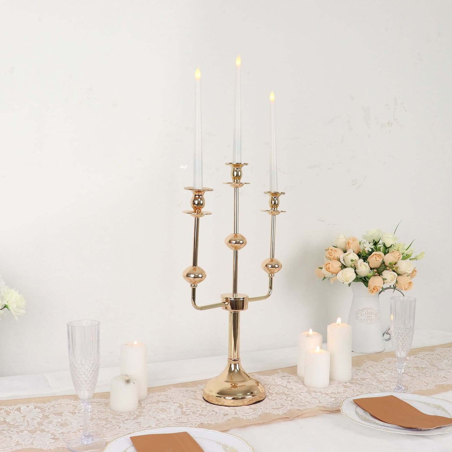 3-Arm Taper Candelabra Candle Holder Stand Gold Metal Wedding Centerpiece - Decorative Display 20"
