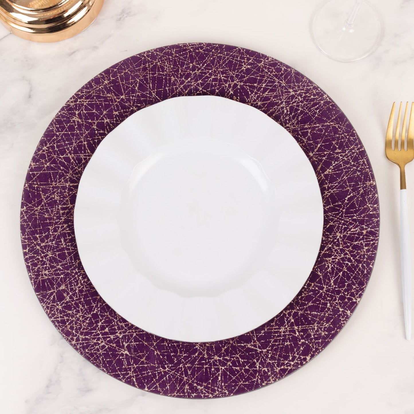 6-Pack Acrylic Round Charger Plates 13" in Purple with Gold Glitter Abstract Lines Pattern, Decorative Dinner Party Charger Tableware