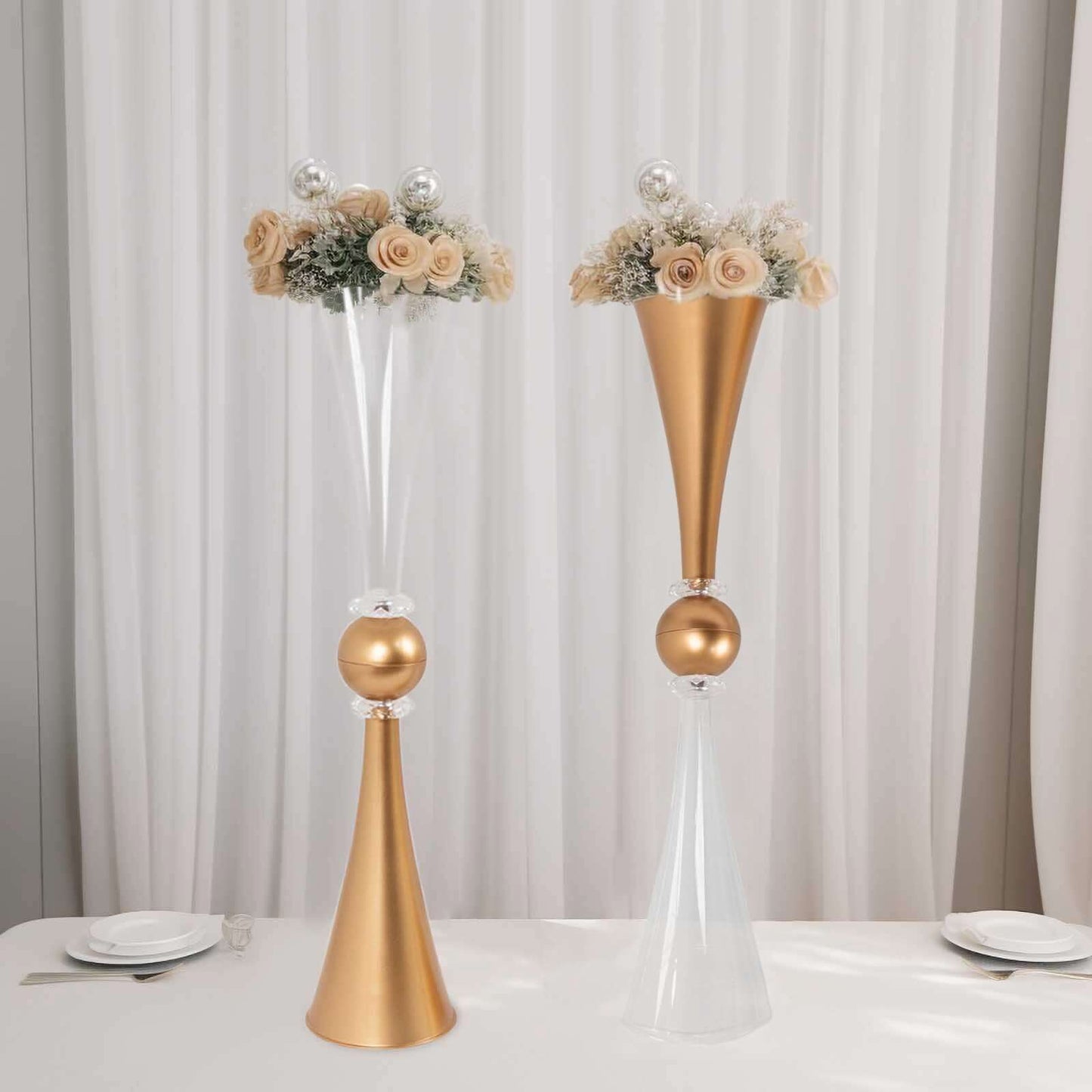 2-Pack Flower Vases Trumpet Design with Crystal Embellishments Clear and Gold - Reversible Plastic Centerpieces for Events 27"