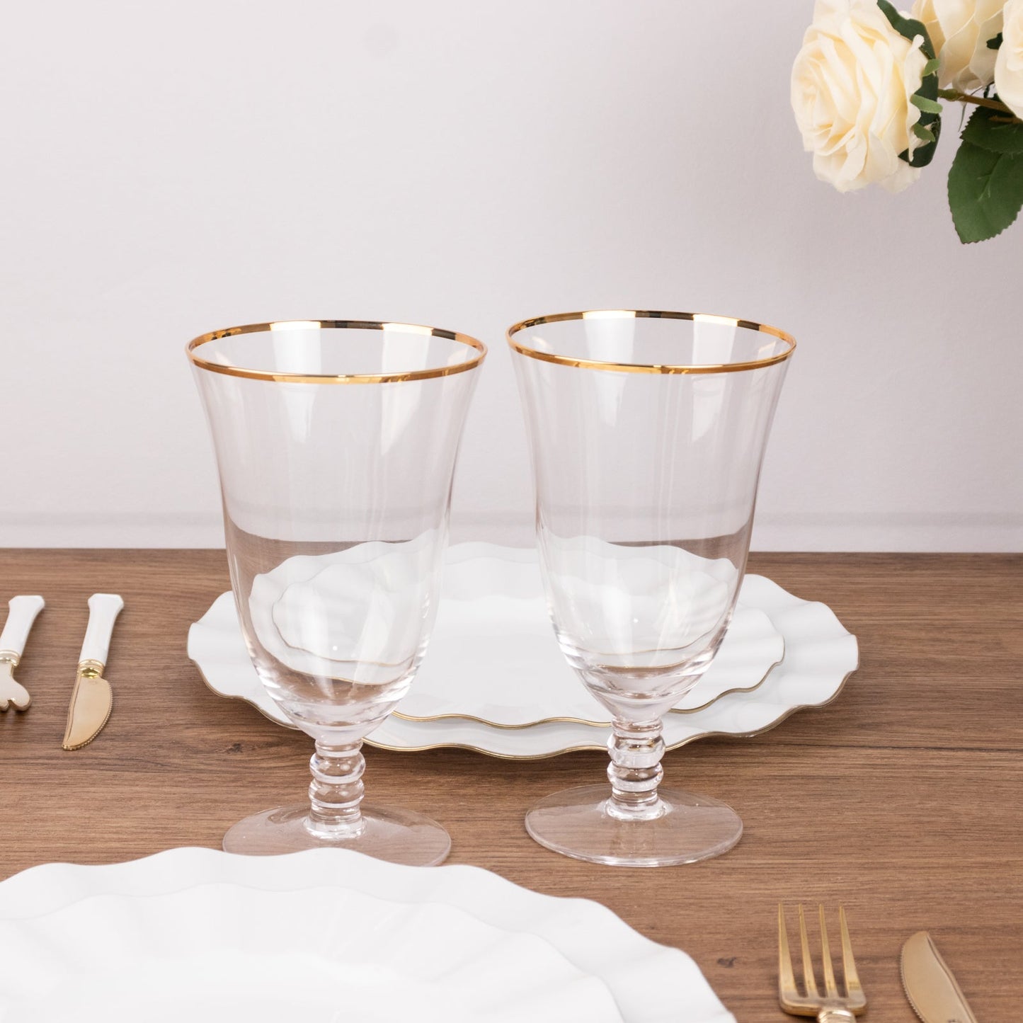 6-Pack Red Wine Glasses Clear Gold Rimmed Design with Short Beaded Stem - Chic Crystal Goblets for Drinks & Events 16oz 7"