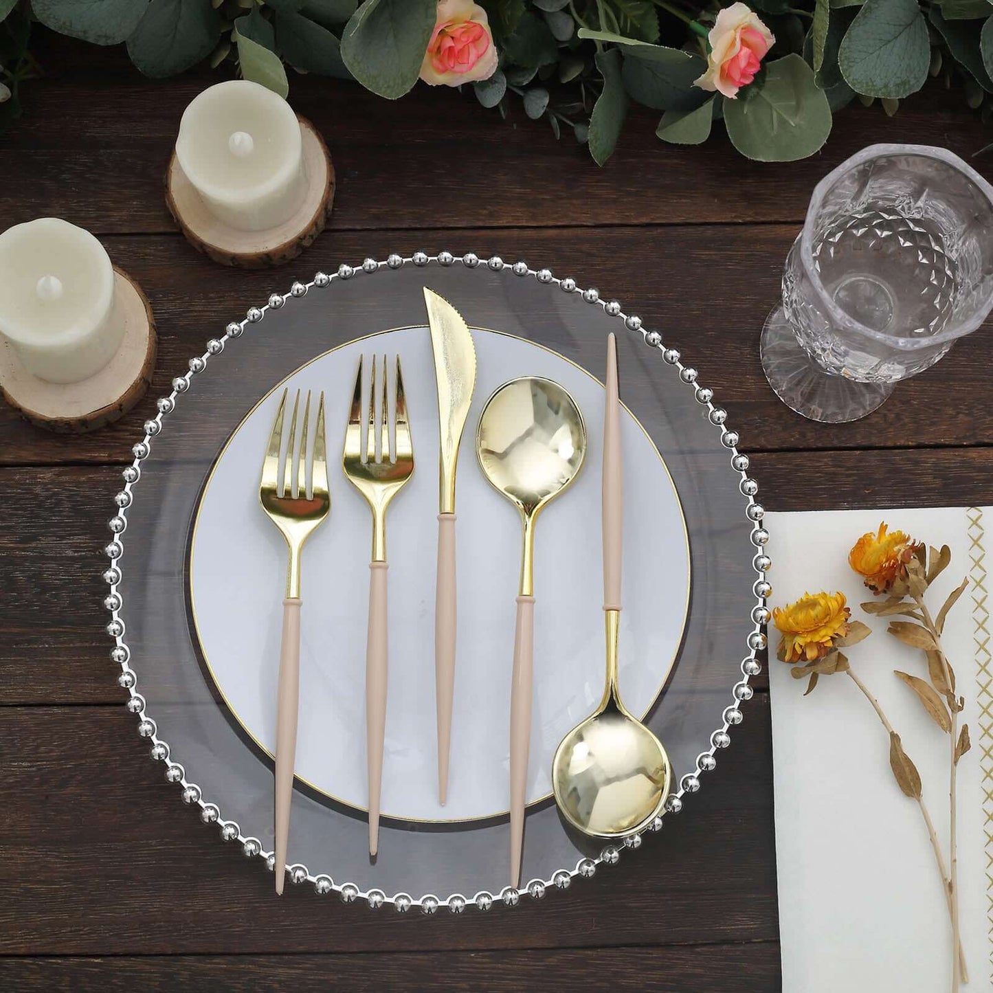 24-Pack Plastic Flatware Set in Metallic Gold with Beige Handle - Heavy Duty Disposable Modern Silverware 8"