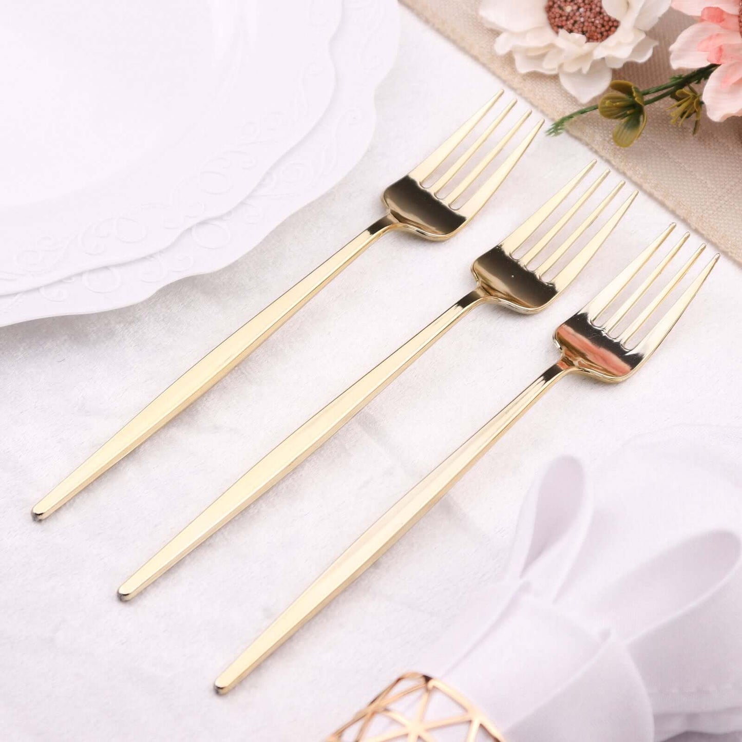 24 Pack 8" Glossy Gold Heavy Duty Plastic Silverware Forks Cutlery, Premium Disposable Sleek Flatware