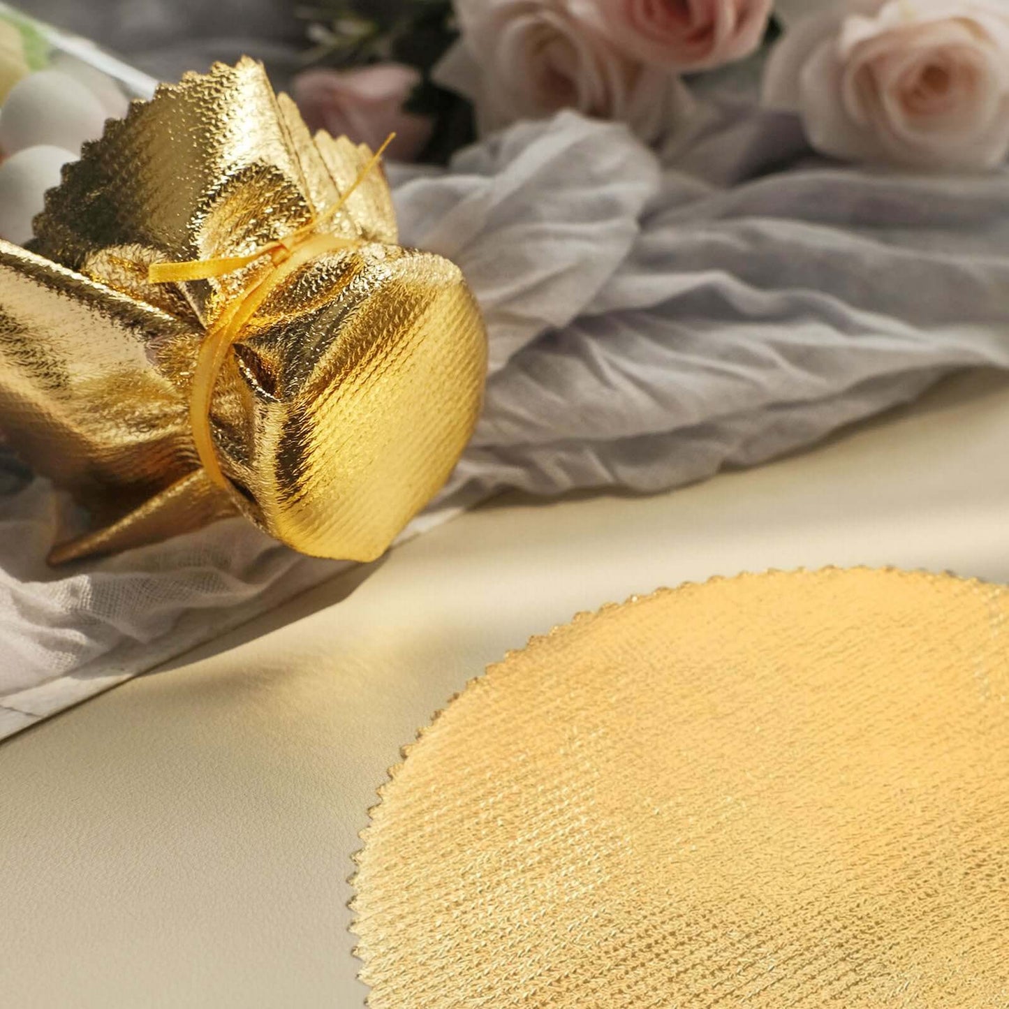 6-Pack Jar Covers Metallic Gold Round Lame Fabric Design with Satin Tie String - DIY Party Favors & Craft Supplies 6"