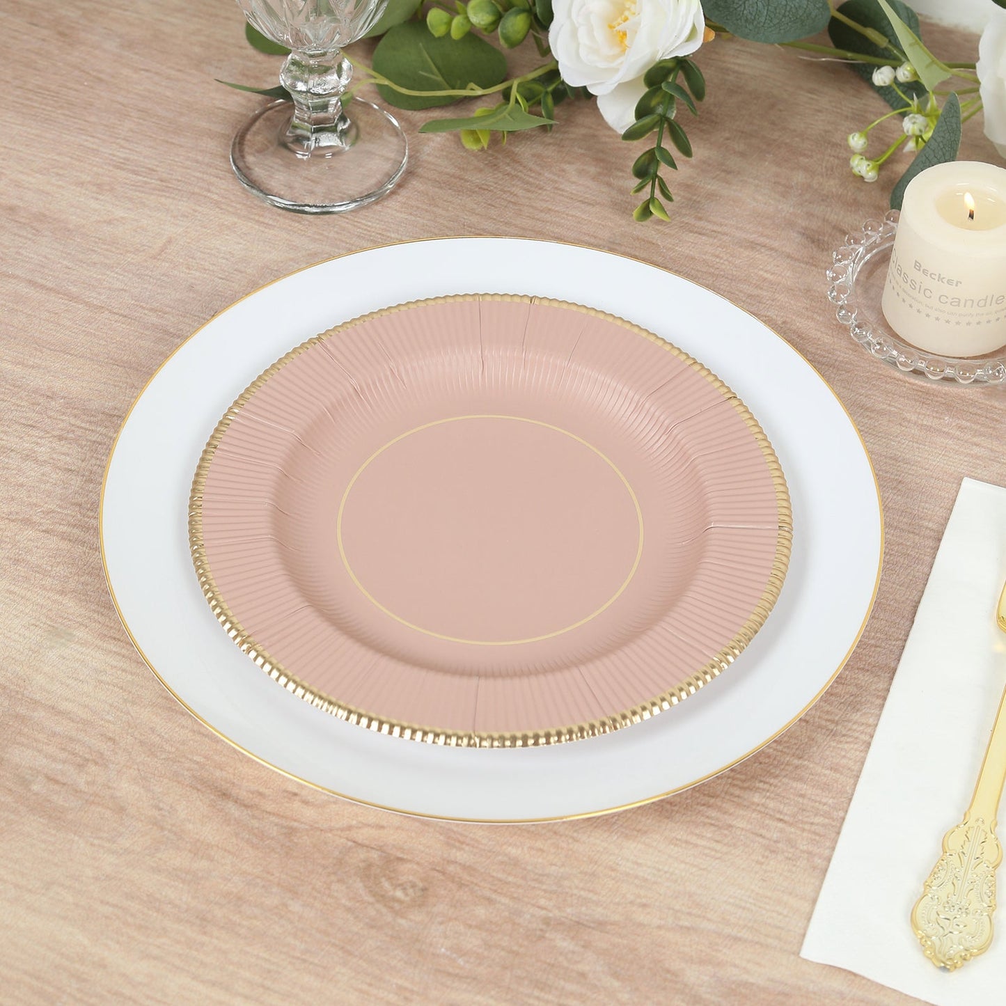 25-Pack Paper 8" Round Dessert Plates in Dusty Rose Sunray Design with Gold Rim - Disposable Heavy Duty 350GSM Appetizer Salad Plates