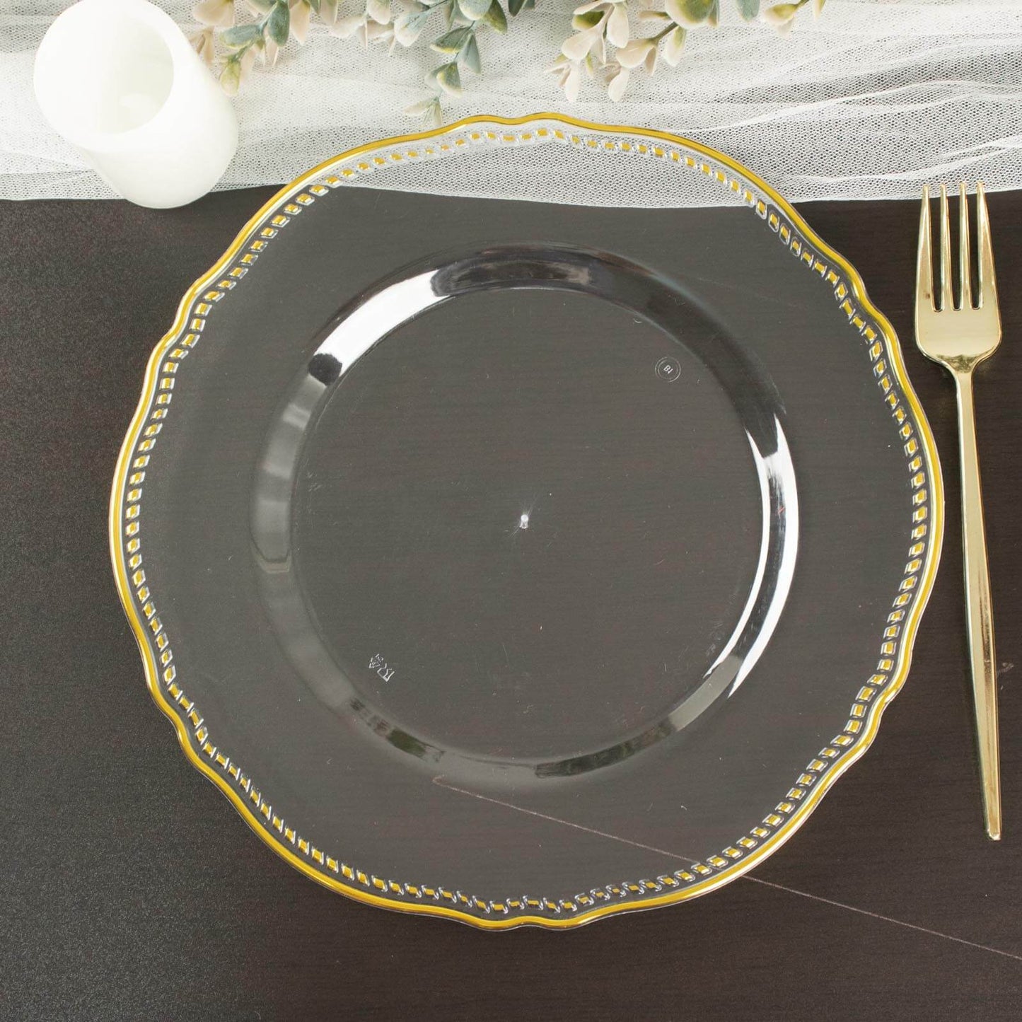 10-Pack Plastic 10" Dinner Plates in Clear with Gold Scalloped Rim - Disposable Large Party Plates