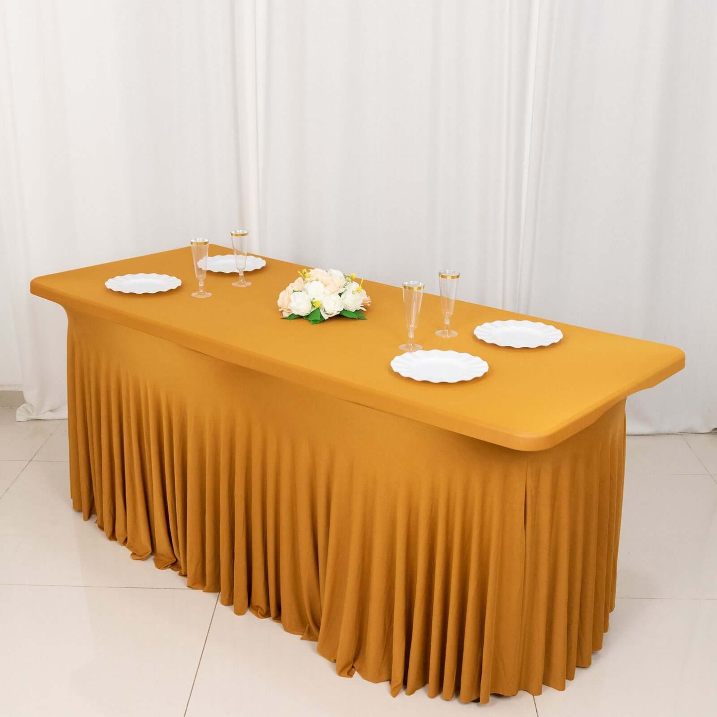 Spandex Rectangle 72"x30" Table Skirt Gold with Wavy Skirt-Like Effect Stylish Table Cover for Weddings, Banquets & Trade Shows