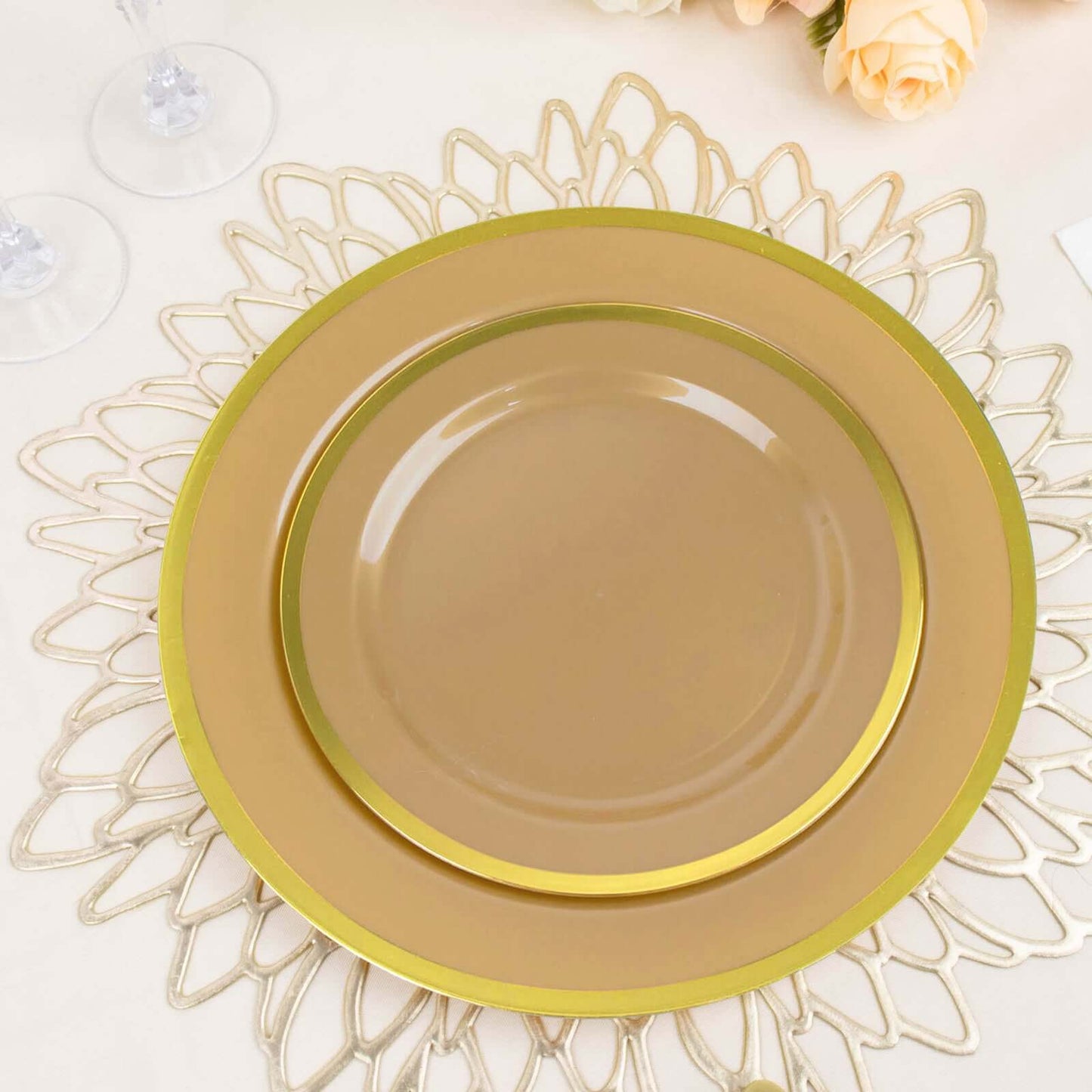 10-Pack Plastic 7" Round Appetizer Plates in Gold - Sleek Disposable Salad Plates for Banquets & Special Occasions