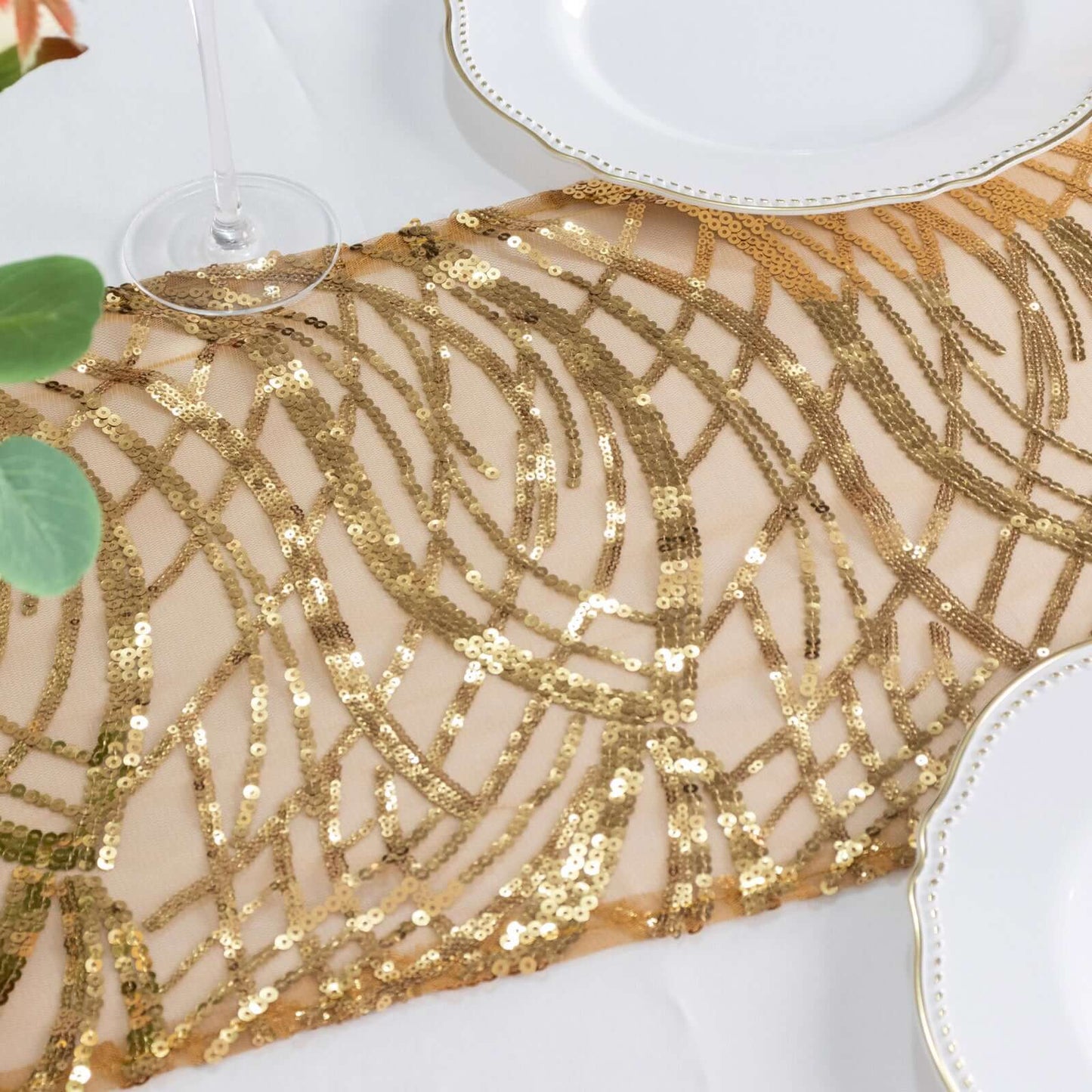 Sequin Mesh 12"x108" Table Runner Gold Wave Embroidered Design for Stylish Occasions
