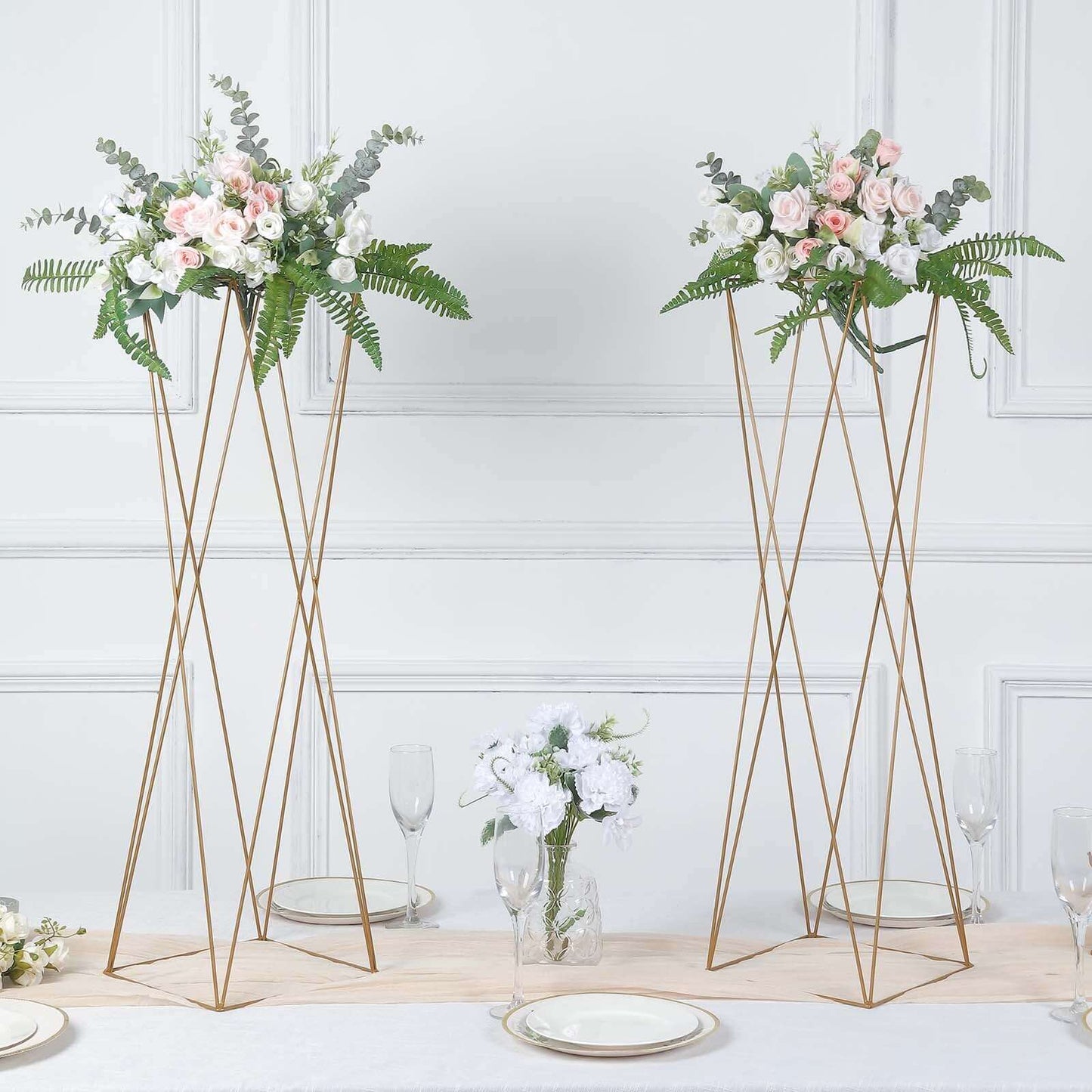 2-Pack Wedding Centerpieces Metal Geometric Crisscross Design Gold - Open Column Pedestal Stands 32"