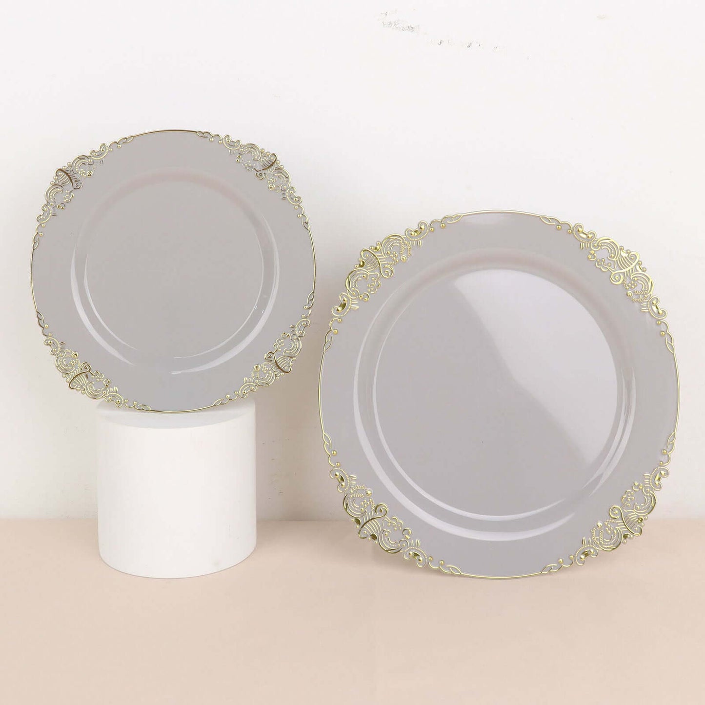 10-Pack Plastic 8" Round Dessert Plates in Gray with Gold Leaf Embossed Rim - Disposable Vintage Baroque Style Salad Plates