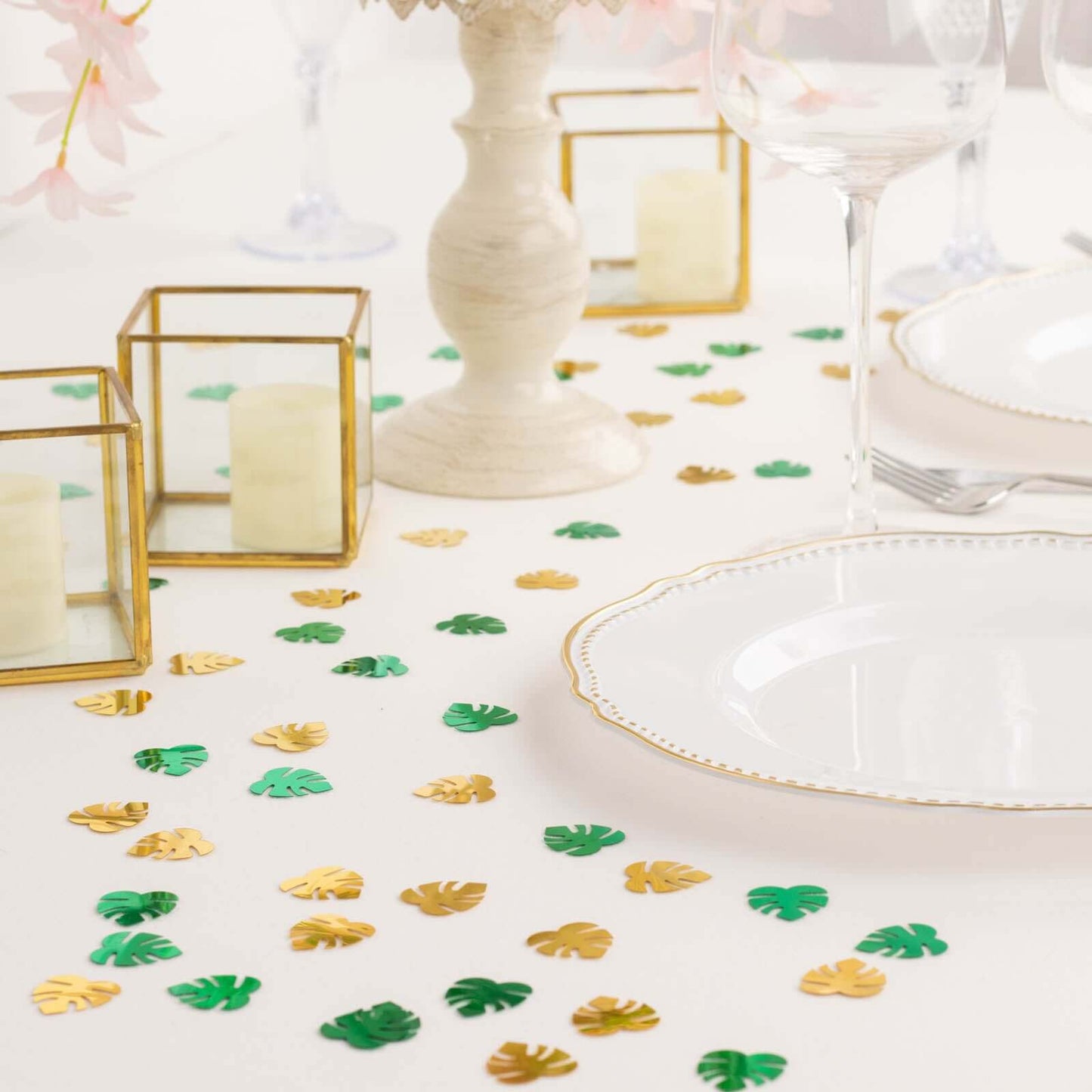 15G Bag Tropical Palm Leaf Table Confetti, Shiny Monstera Metallic Green and Gold Vibrant Eye-Catching Design