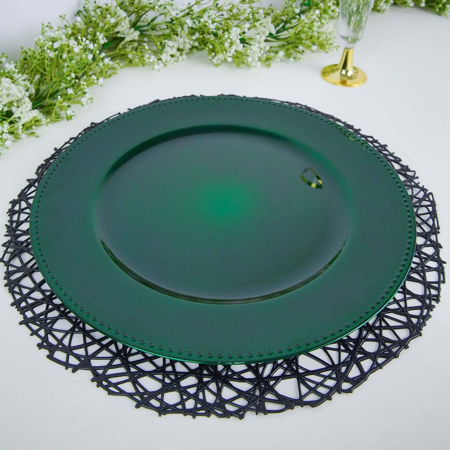 6-Pack Acrylic Round Charger Plates 13" in Hunter Emerald Green with Beaded Rim, Dinner Charger Event Tabletop Decor