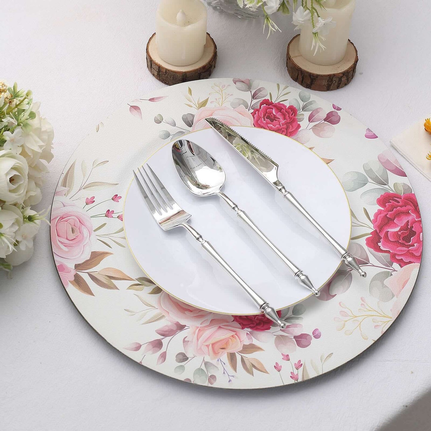 6-Pack Plastic Round Charger Plates 13" in White with Assorted Rose Floral Print, Decorative Dinner Party Charger Tableware