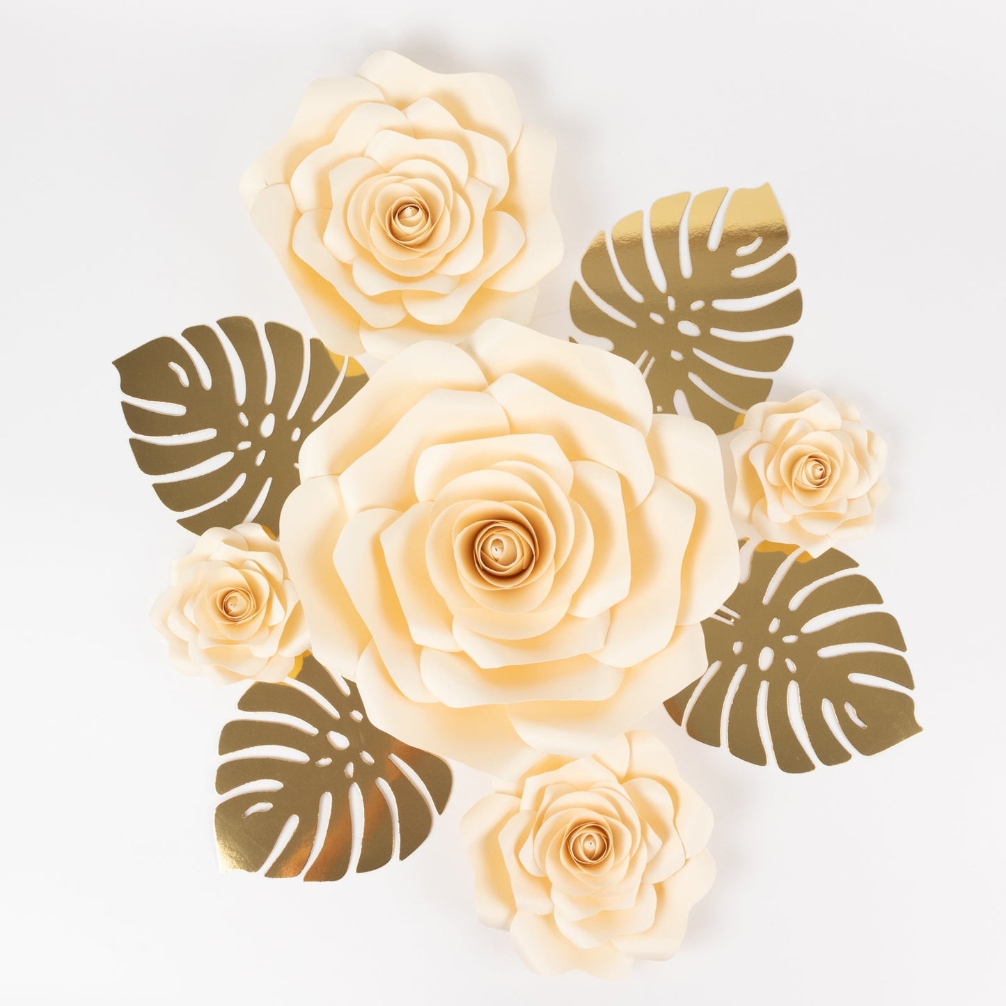 Set of 9 Ivory 3D Rose Paper Flowers with Gold Tropical Palm Leaves, Party Flower Backdrop Hanging Wall Decor