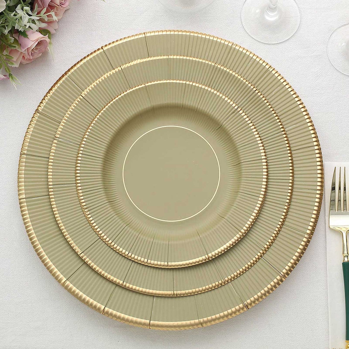 25-Pack Paper 8" Round Dessert Plates in Khaki Sunray Design with Gold Rim - Disposable Heavy Duty 350GSM Appetizer Salad Plates