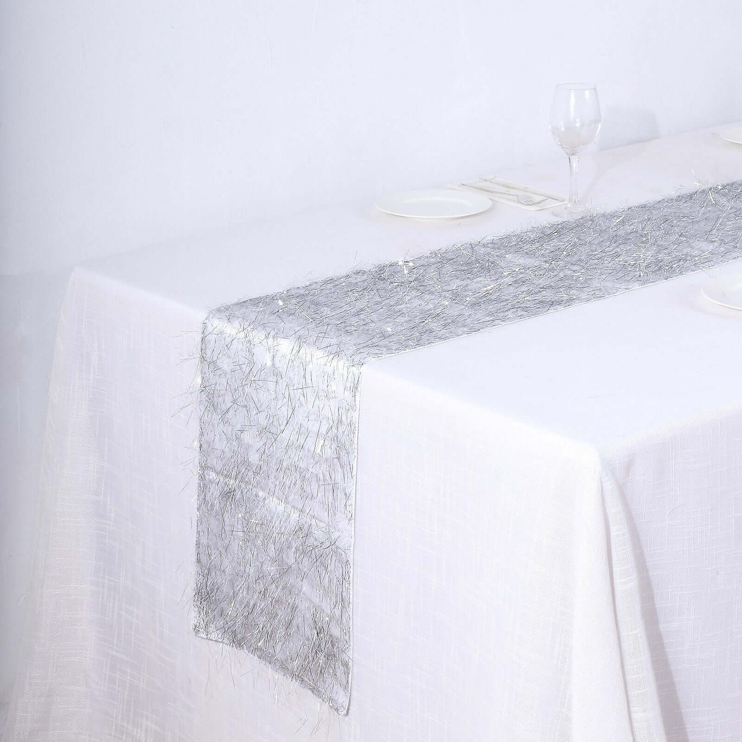 Metallic Tinsel Polyester 12"x108" Table Runner Silver - Shimmery Fringe Shag Table Decor