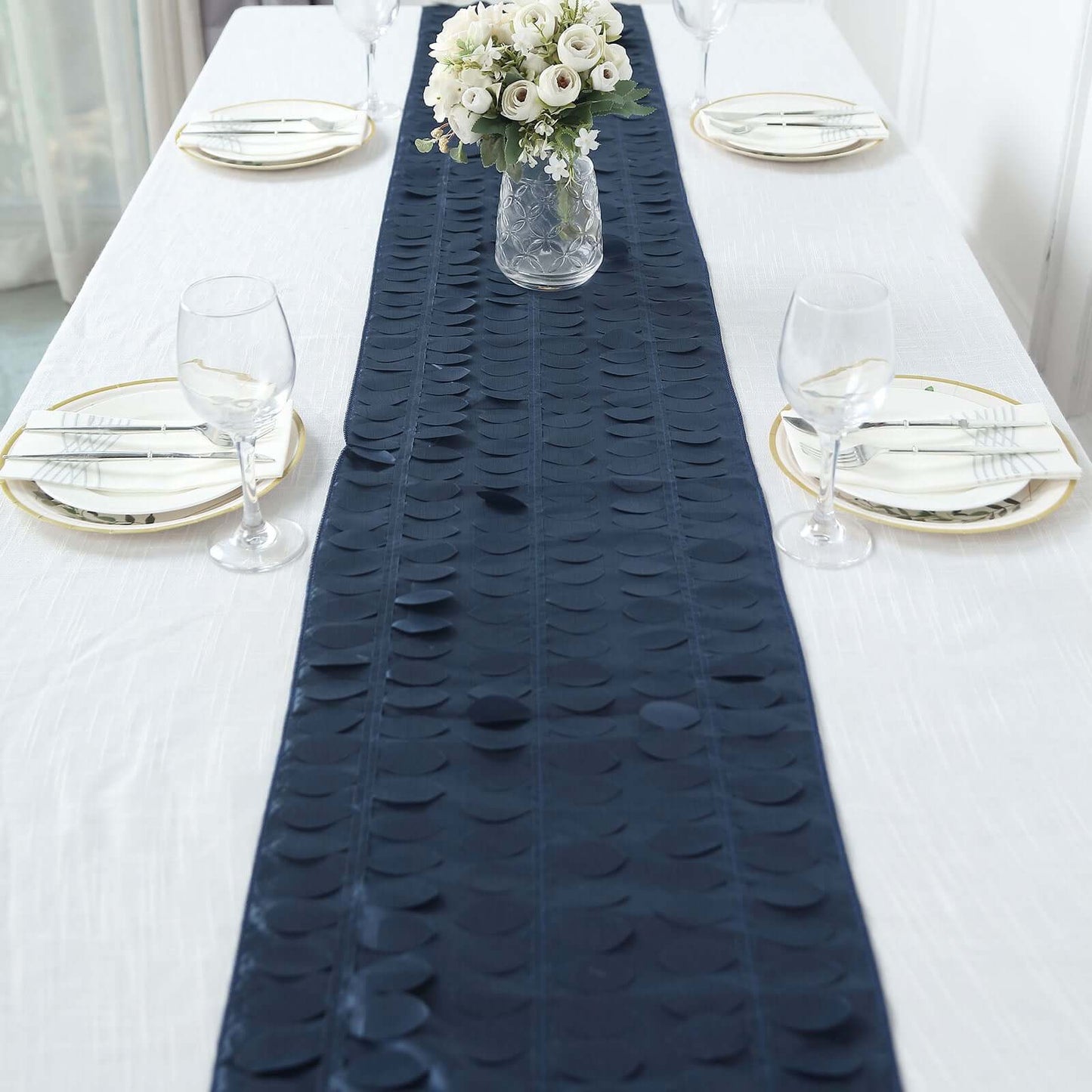 Taffeta Fabric 12"x108" Table Runner Navy Blue - 3D Leaf Petal Design