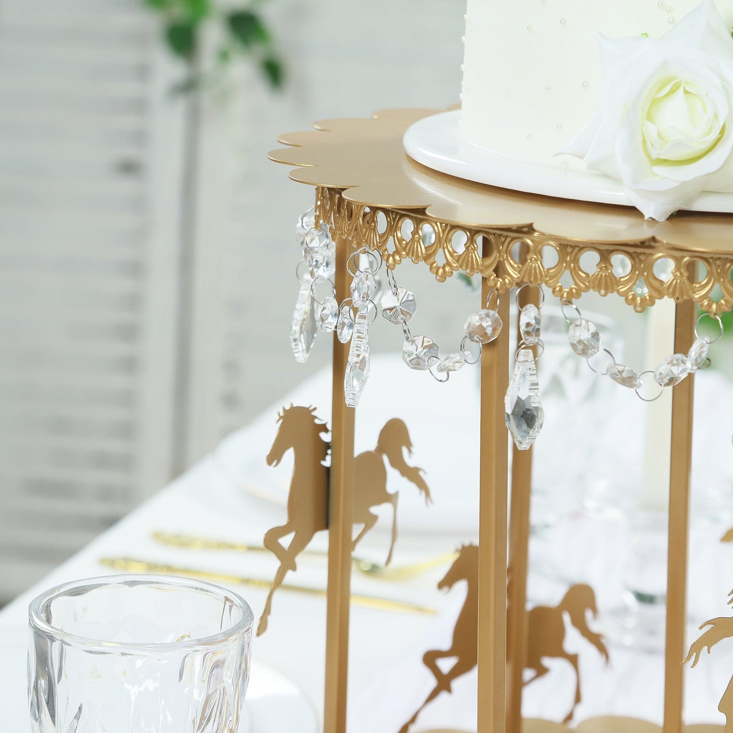 Metal Round Pedestal Cake Stand Gold Carousel Design with Hanging Acrylic Beads for Cupcakes & Pastries 14"