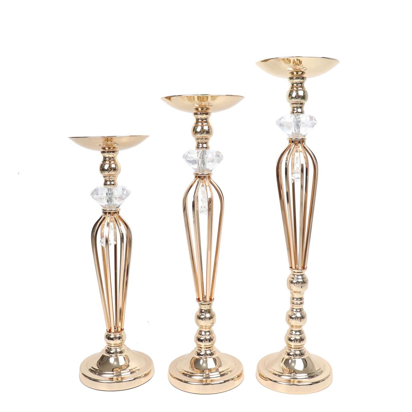 Set of 3 Metal Pedestal Stands with Crystal Ball Flower Bowl Design Gold - Pillar Candle Holders 20", 23", 25"