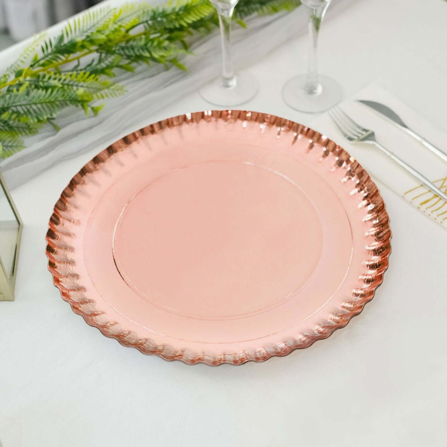 10-Pack Paper 13" Round Charger Plates in Rose Gold with Scalloped Rims - Heavy Duty Disposable 1100GSM Serving Trays