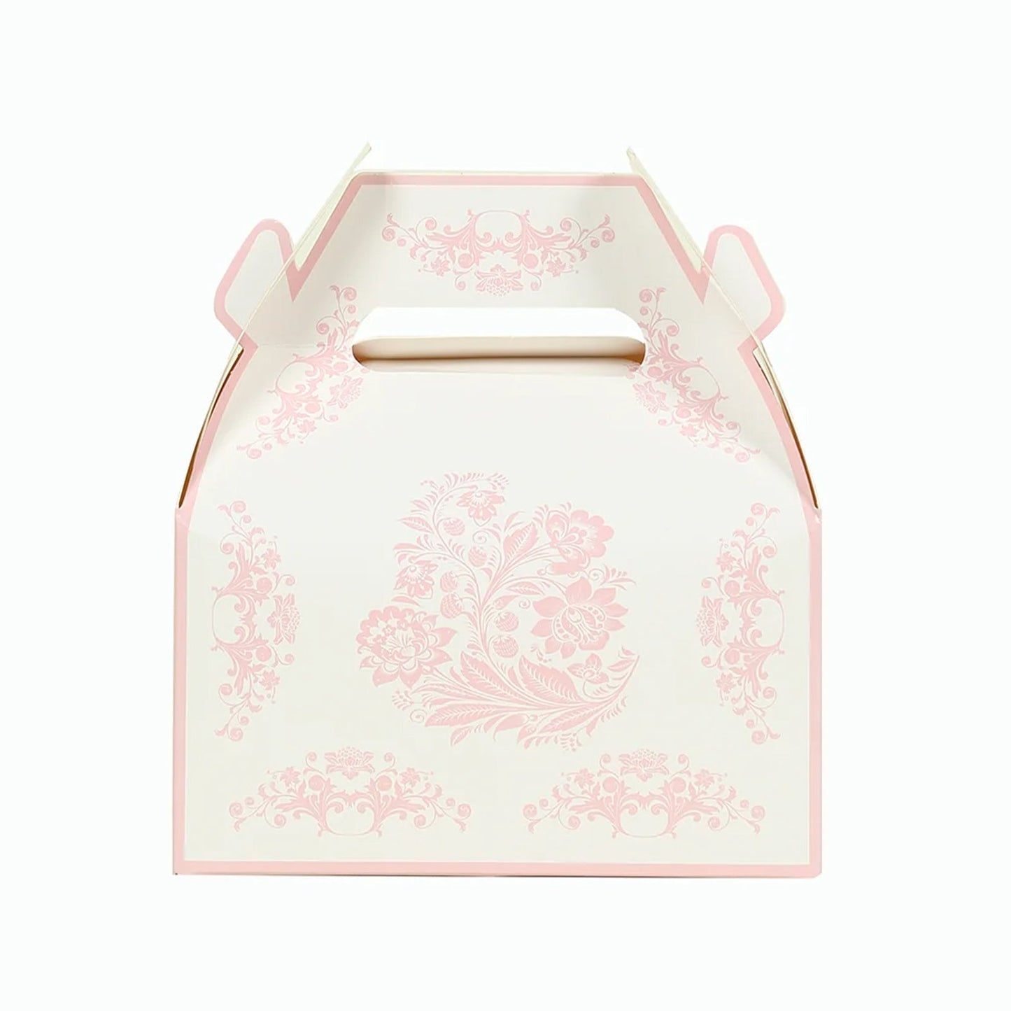 25 Pack White Pink Candy Gift Tote Gable Boxes in Damask Floral Pattern, Party Favor Treat Boxes - 6"x3.5"x7"