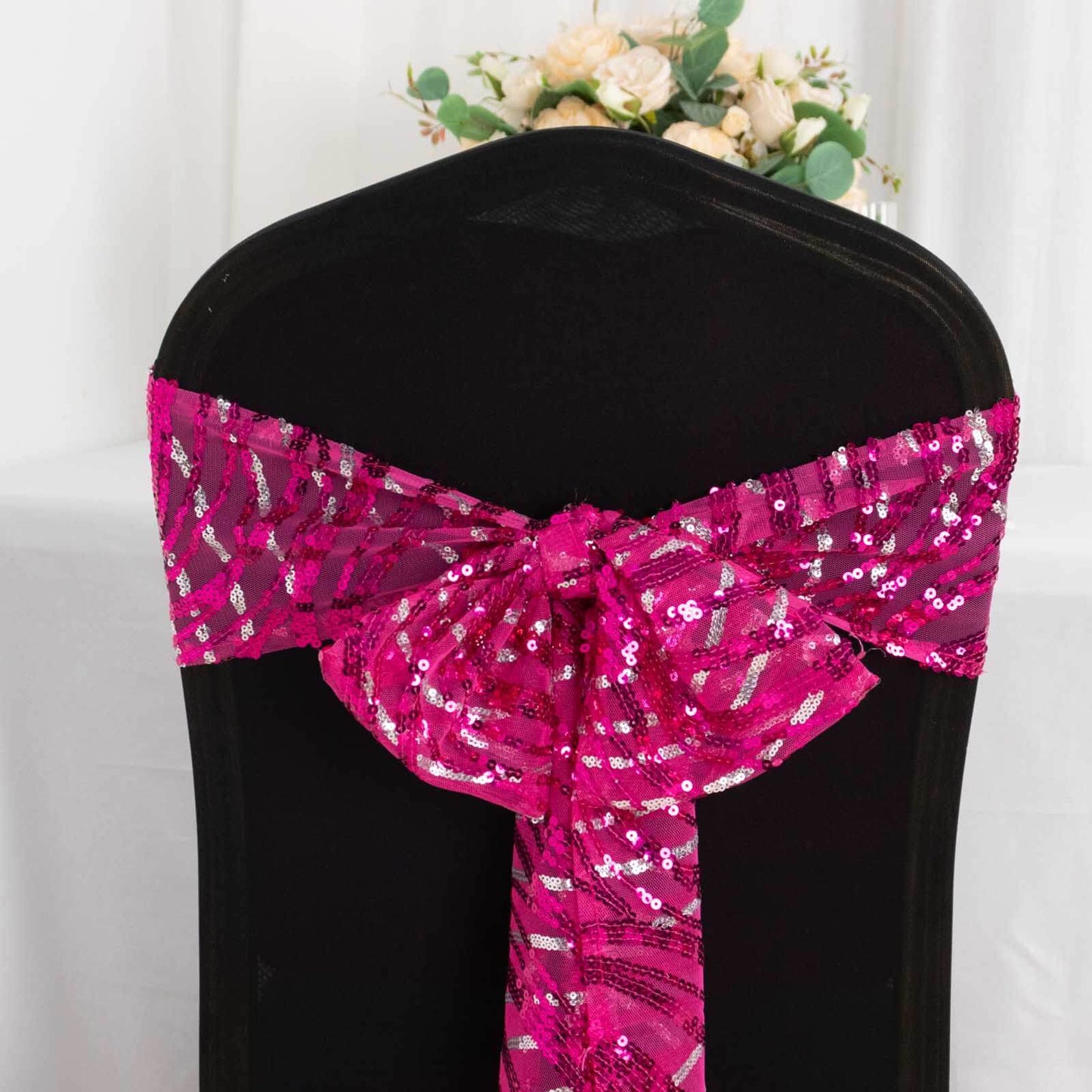 5 Pack Chair Sashes with Wave Embroidered Sequins Fuchsia/Silver 6"x88"