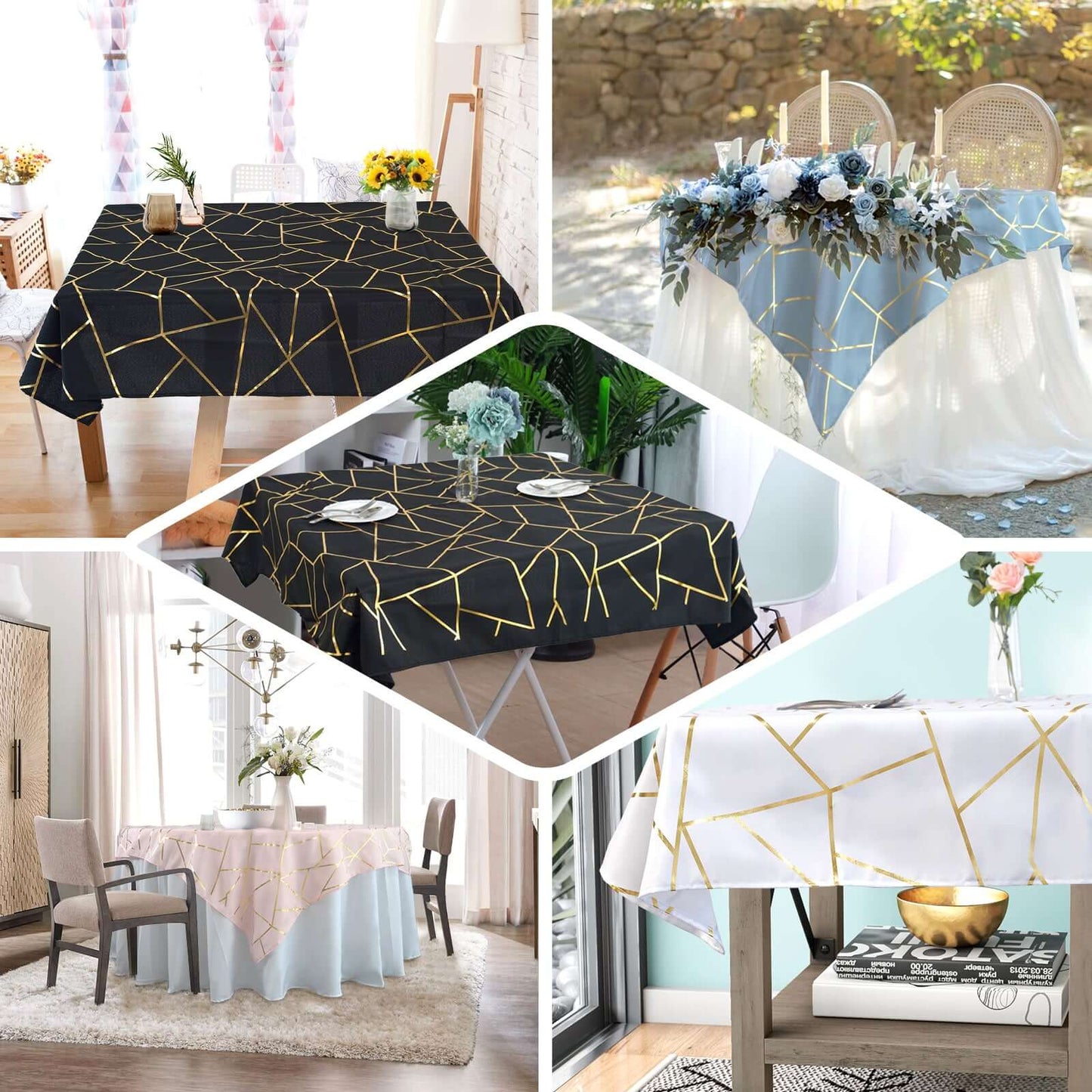 Polyester 54"x54" Table Overlay Square Tablecloth White with Gold Foil Geometric Pattern - Wrinkle-Resistant & Durable for Stylish Settings