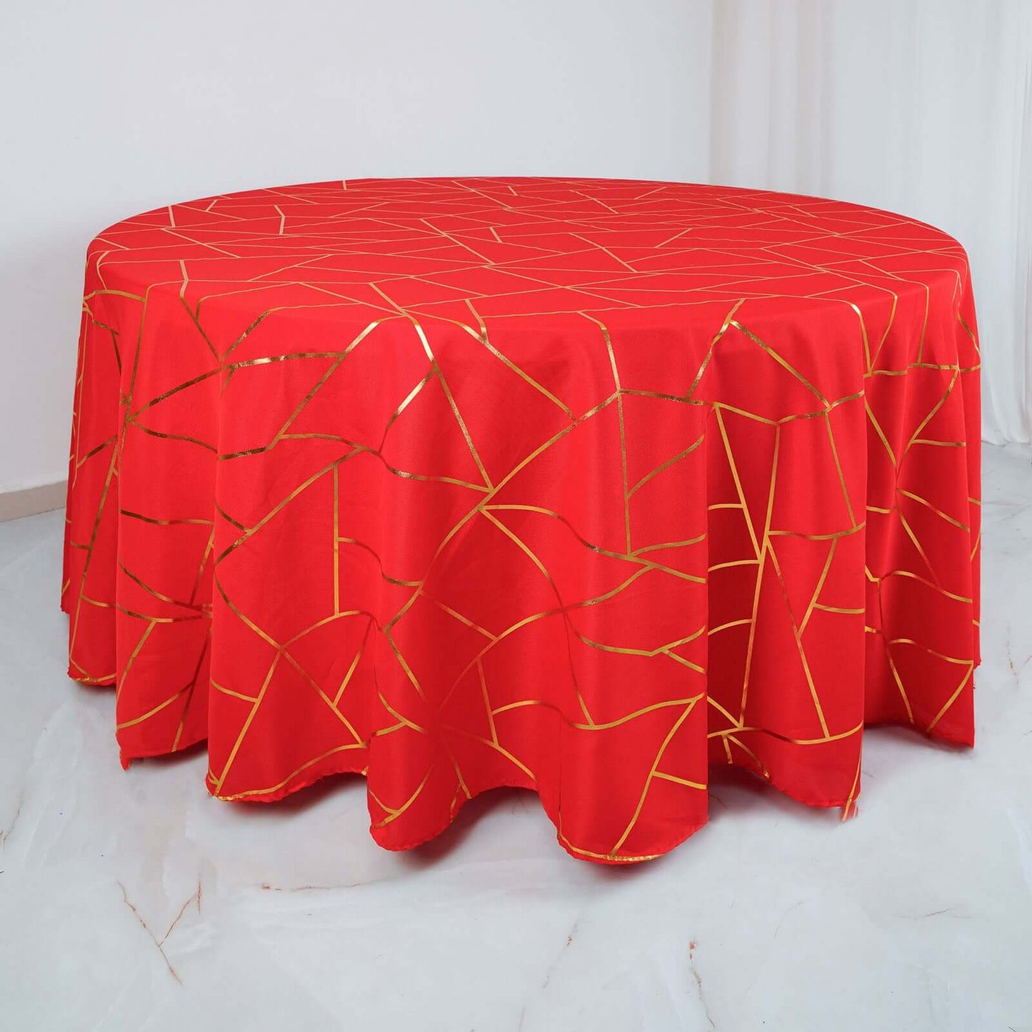 Polyester 120" Round Tablecloth Red with Gold Foil Geometric Pattern Wrinkle-Resistant Seamless Table Cover