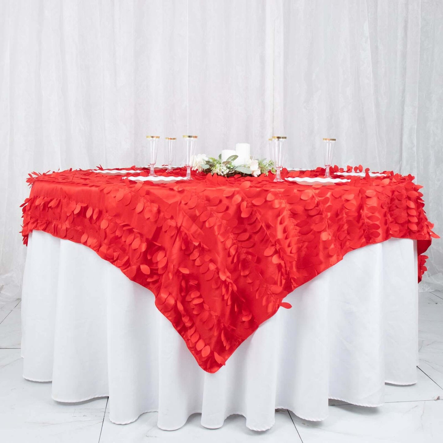 Taffeta 72"x72" Table Overlay Square Tablecloth Red - 3D Leaf Petal Table Cover