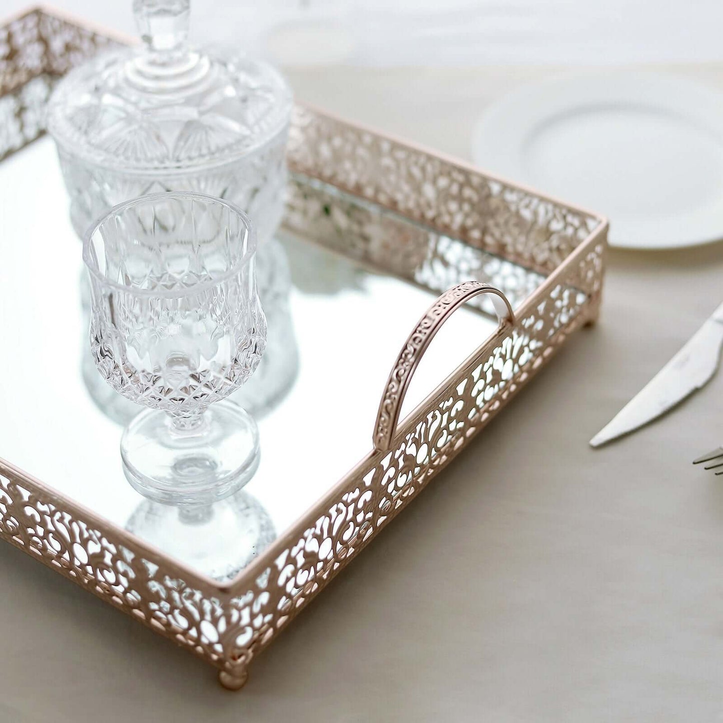 Metal Mirrored Rectangle Serving Tray 16"x12" in Rose Gold Fleur De Lis Design with Handles, French Inspired Decorative Vanity Tray Centerpiece