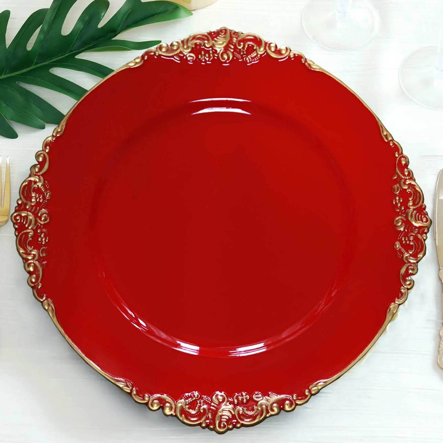 6-Pack Acrylic Round Charger Plates 13" in Red with Gold Embossed Baroque Rim, Antique Decorative Dinner Party Charger Tableware