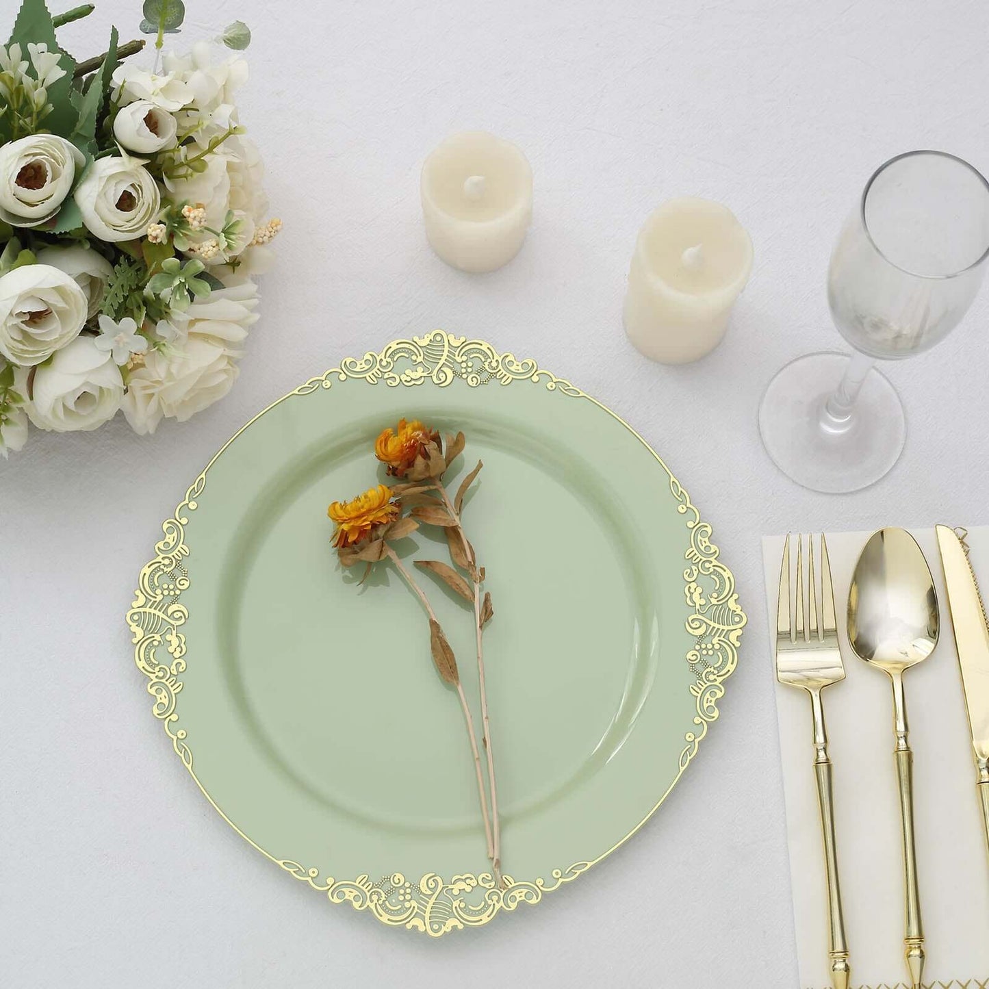 10-Pack Plastic 10" Round Dinner Plates in Sage Green with Gold Leaf Embossed Rim - Disposable Vintage Baroque Style Plates