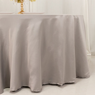 Lamour Satin 120" Round Tablecloth Silver - Seamless Table Cover with Soft Tempered Sheen