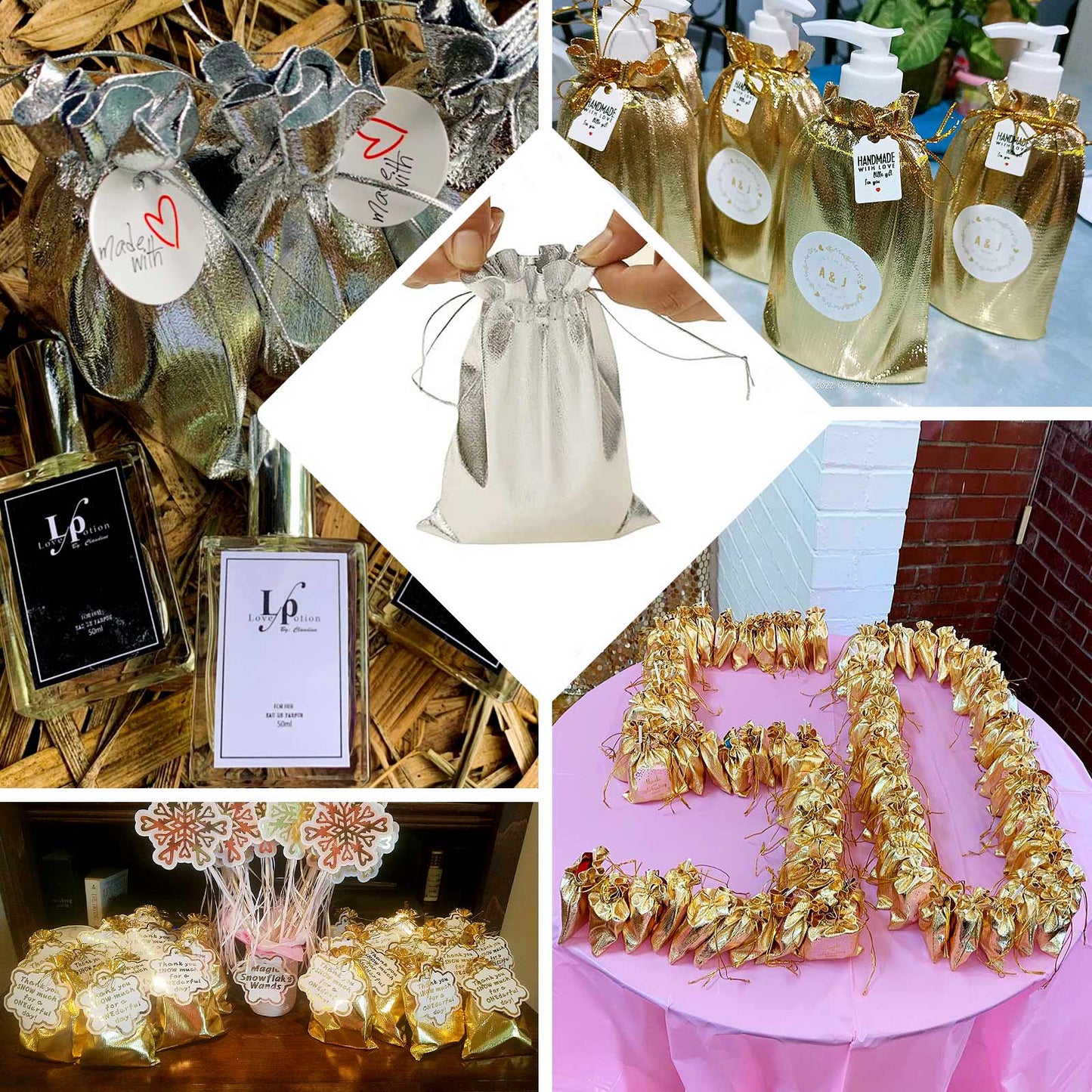 10 Pack Metallic Silver Lame Polyester 5"x7" Party Favor Gift Bags, Shiny Fabric Drawstring Candy Pouch