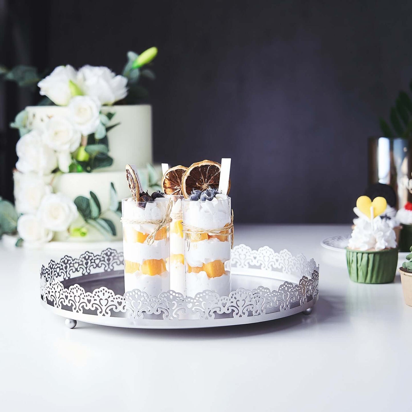 Metal Round Serving Tray 12" in Silver with Embellished Rims, Stylish Decorative Vanity Tray Centerpiece