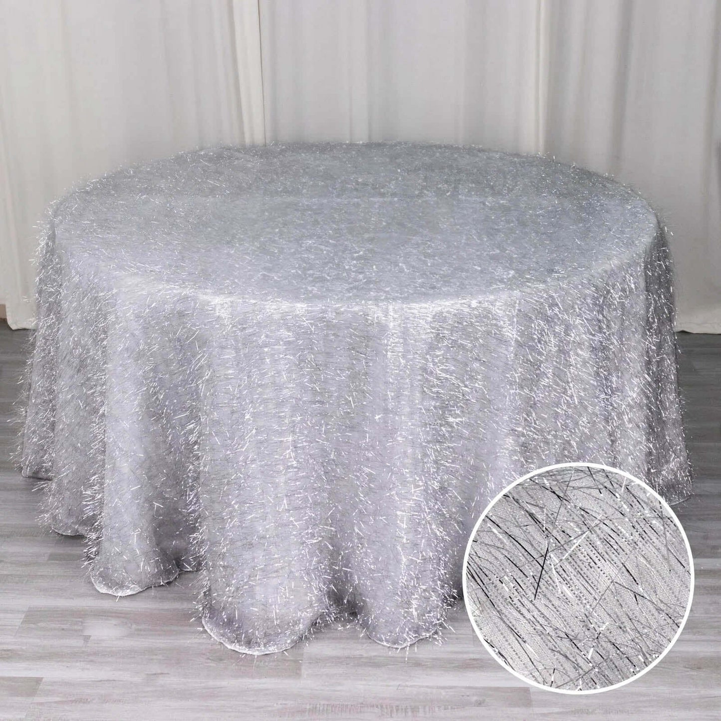 Polyester 120" Round Silver Tablecloth Metallic Fringe Shag Tinsel Table Cover