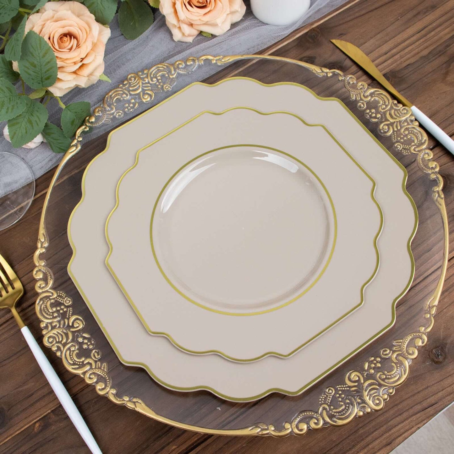 10-Pack Plastic Dessert Appetizer Plates in Taupe Baroque Design with Scalloped Gold Rim - Heavy Duty Disposable Salad Plates 8"