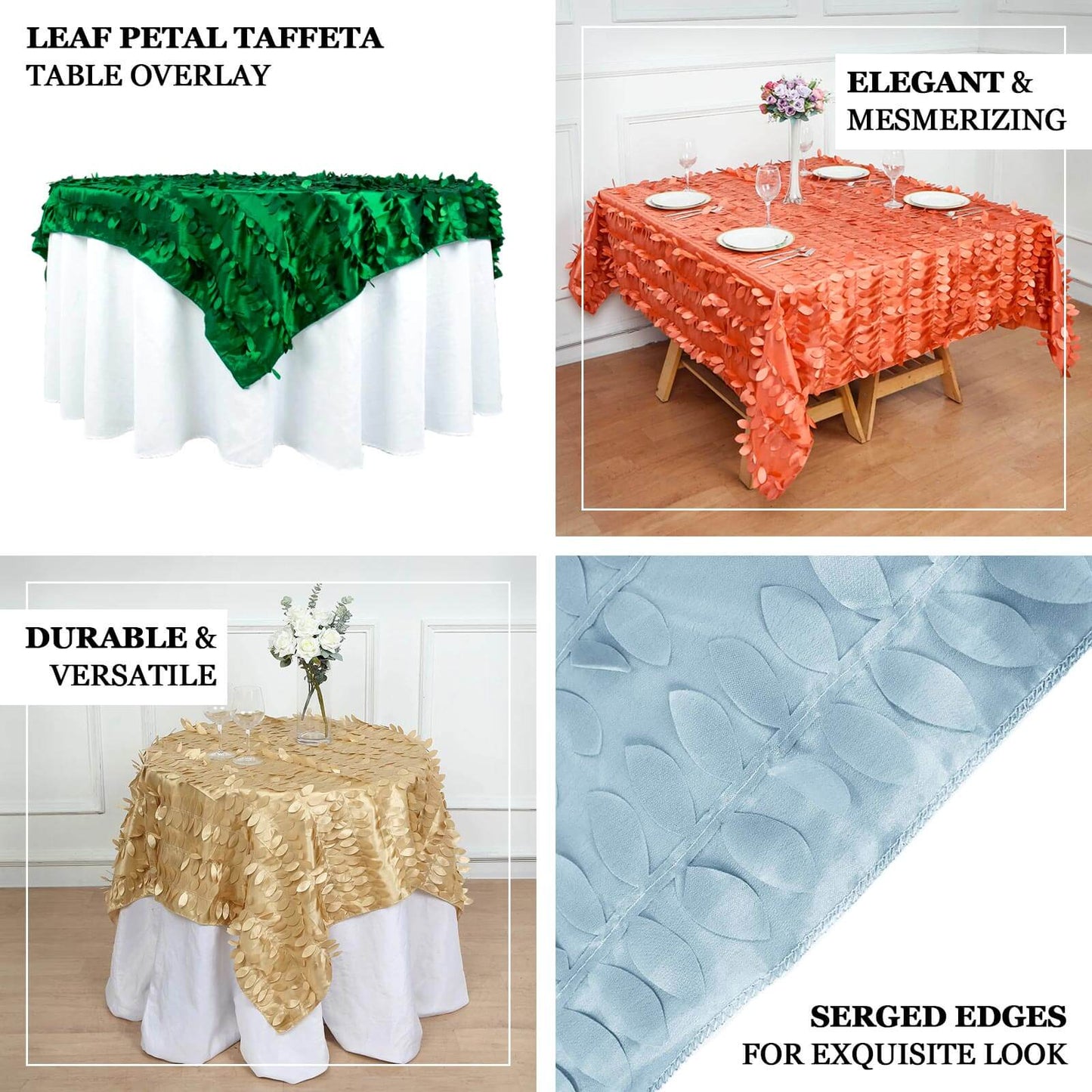 Taffeta 54"x54" Table Overlay Square Tablecloth White | Exquisite 3D Leaf Petal Design for Chic Wedding & Event Decor