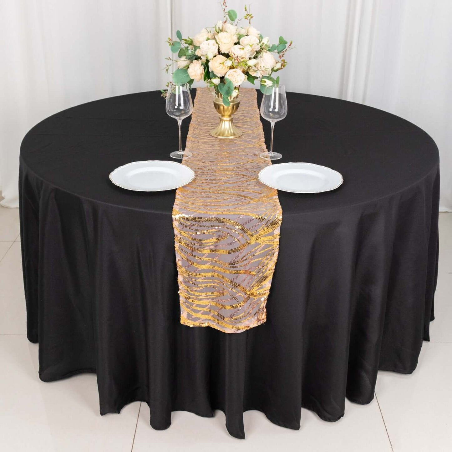 Sequin Mesh 12"x108" Table Runner Rose Gold/Gold Stylish Wave Embroidery