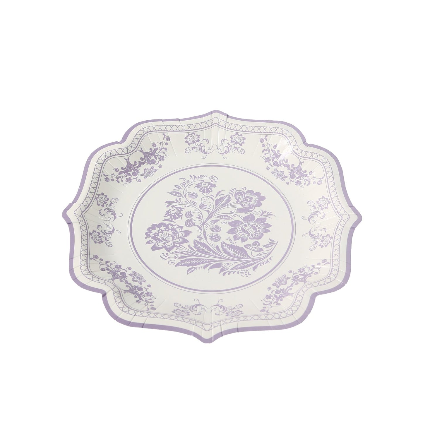 25-Pack Paper Dessert Plates in White with Lavender Lilac Damask Floral Print & Scallop Rim - Stylish Disposable 300GSM Floral Salad Appetizer Plates 8"