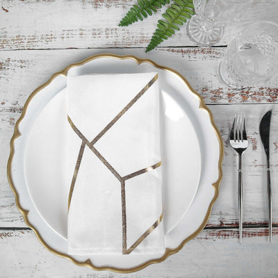5 Pack Polyester 20"x20" Napkins White with Gold Geometric Foil Pattern - Modern Reusable Dinner Napkins for Home & Events