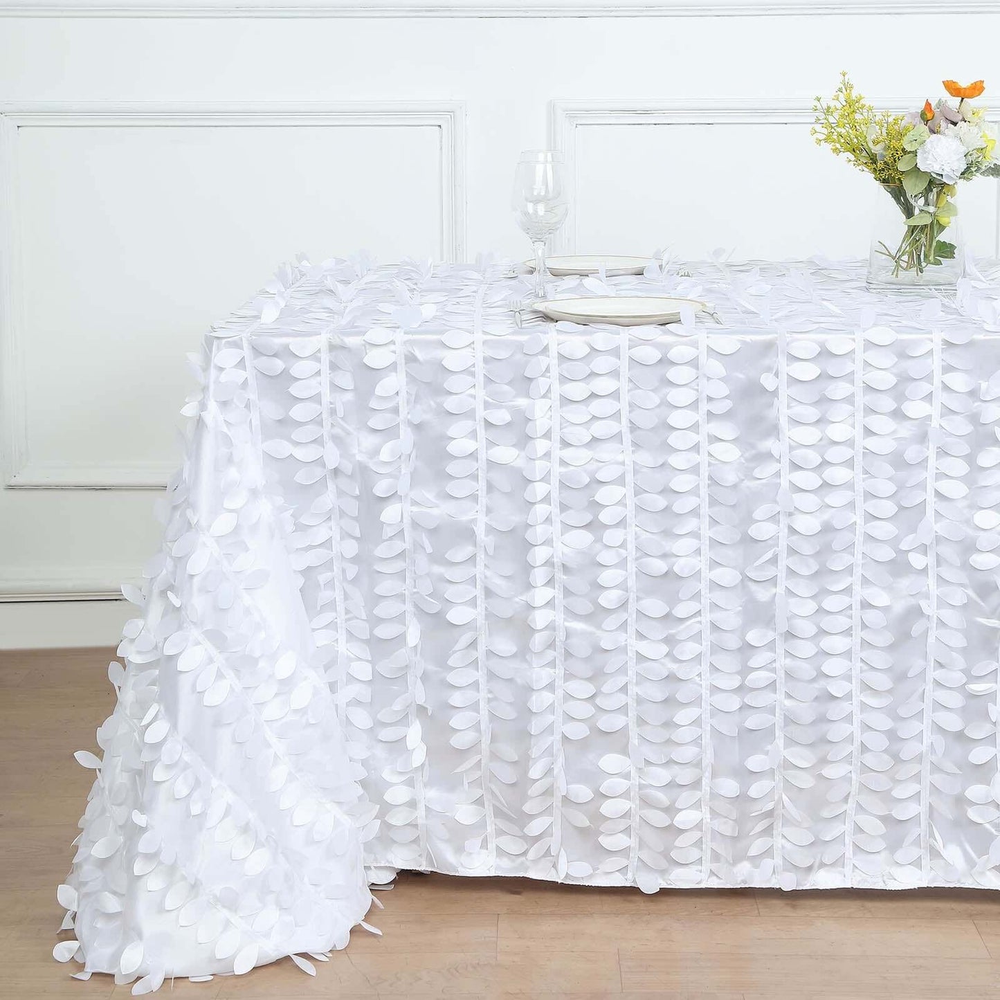 Taffeta 90"x156" Rectangle Tablecloth White | 3D Leaf Petal Design Seamless Table Cover for Stylish Wedding & Event Decor
