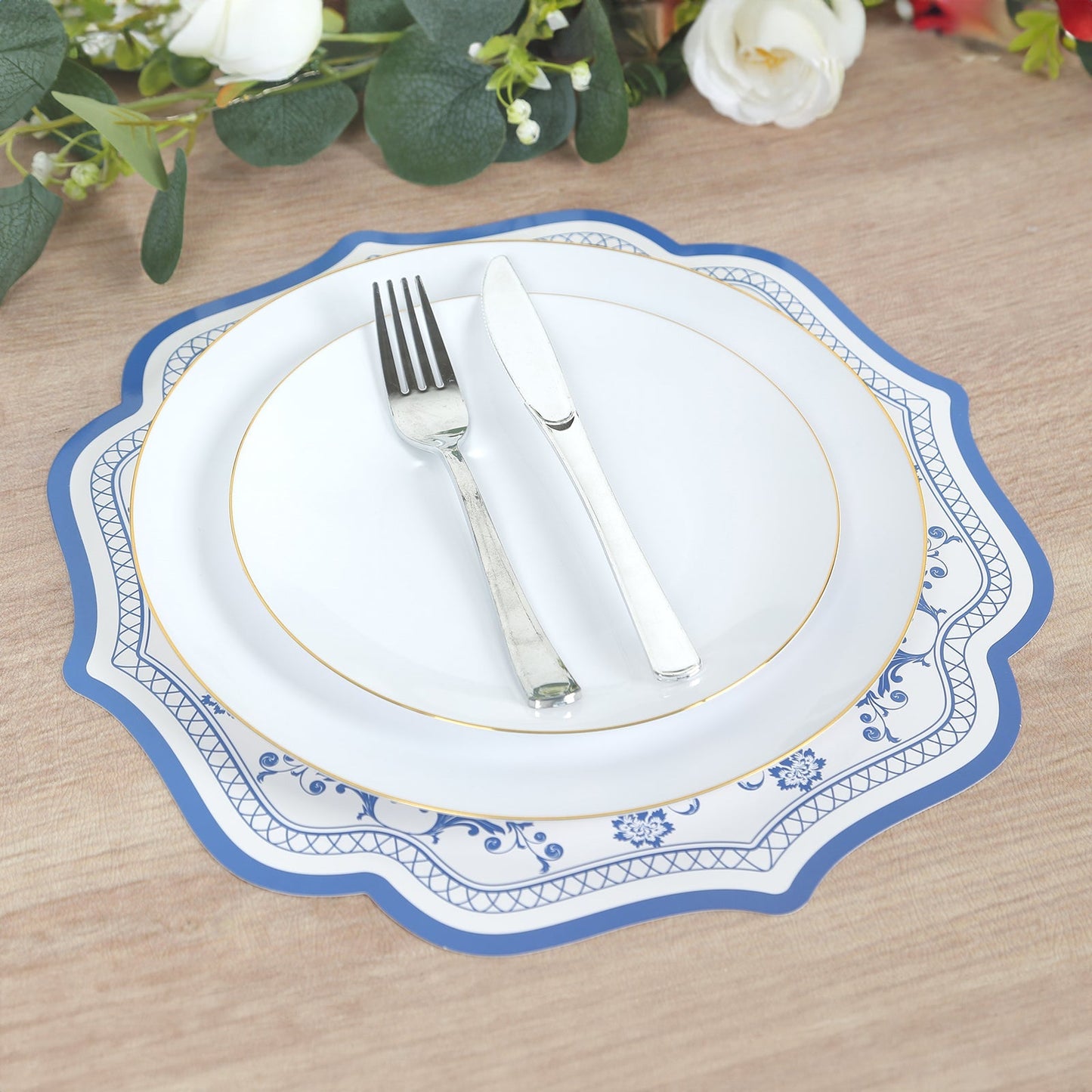 10 Pack Cardboard Paper Table Mats with White Royal Blue Damask Floral Pattern, 13" Round Disposable Placemats with Scalloped Rim - 400 GSM