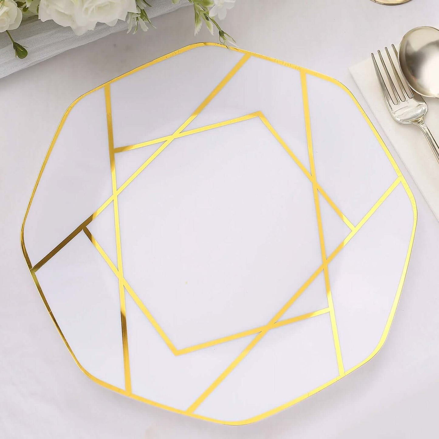 10-Pack Plastic 10" Octagon Dinner Plates in White - Modern Disposable Party Plates with Gold Geometric Design for Special Occasions & Celebrations