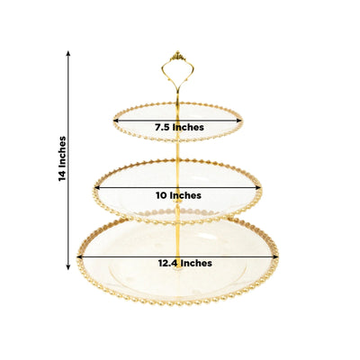 14" Clear Gold Glittered 3-Tier Plastic Dessert Display Stand With Gold Beaded Rim, Round Cupcake Tower Tea Party Serving Platter With Top Handle