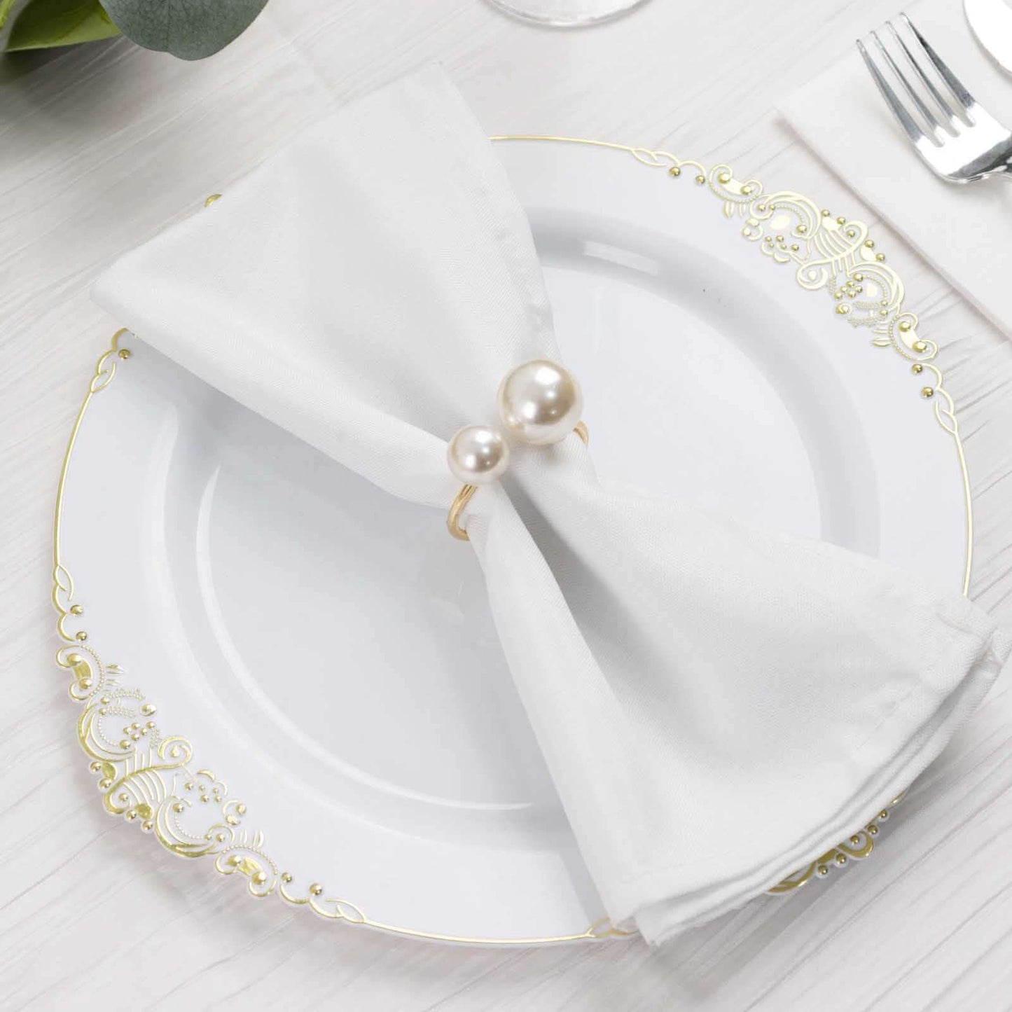 10 Pack White Pearl Gold Metal Napkin Holders Dining Table Decor, Elegant Round Wedding Napkin Rings - 2.5"